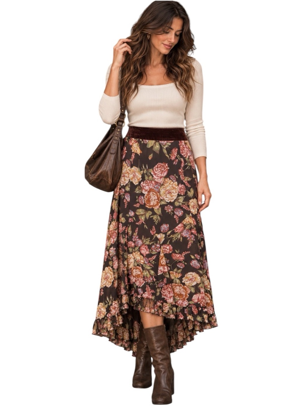 CAbi Y2K Brown Floral Silk Midi Skirt Ruffle Hi Lo Hem Fairy Boho Cottage New